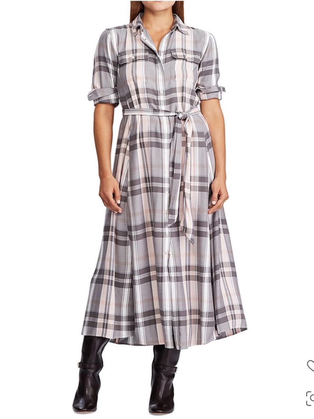 Ralph Lauren Plaid Shirt‑Style Maxi Dress in Gray and Cream